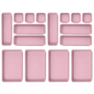 16 PCS Plastic Drawer Organizer Bins, Desk and Bathroom Drawer Organizer Trays, Vanity Storage Bins for Makeup, Jewelry, Utensils, Gadgets, Junk, Kitchen, Bedroom, Bathroom and Office (Lilac)