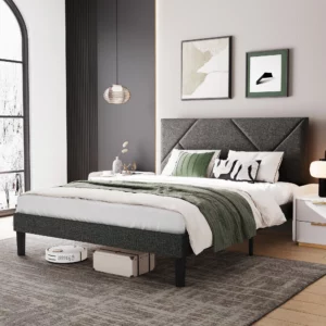 LINSY HOME Queen Bed Frame with Adjustable Headboard, Linen Upholster Bed Frame with Wooden Slats Support, NO Box Spring Needed