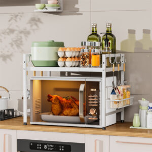 Microwave Stand Shelf, Extendable (15.7”-23.5") Microwave Oven Rack with Side Basket, Kitchen Counter Shelf 2-Tier with 6 Hooks, Max 110lbs Weight Capacity, Black…