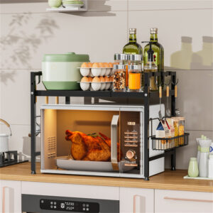 Microwave Stand Shelf, Extendable (15.7”-23.5") Microwave Oven Rack with Side Basket, Kitchen Counter Shelf 2-Tier with 6 Hooks, Max 110lbs Weight Capacity, Black…